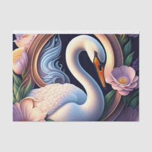 Papier Mousseline Elégant cygne d'aquarelle dans la fleur orientale
