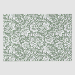 Papier Mousseline Élégant damas vintage blanc sur sauge vert