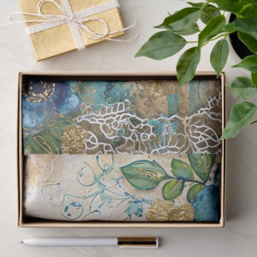 Papier Mousseline Elegant Distressed Teal Blue Florals & Peacock (Cadeau)