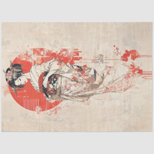 Papier Mousseline Elegant Geisha en Soleil Rouge - Art Japonais Vint (Recto)