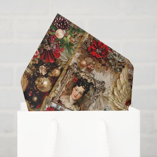 Papier Mousseline Elegant Ivory and Red Victorian Christmas Collage (Sac cadeau)