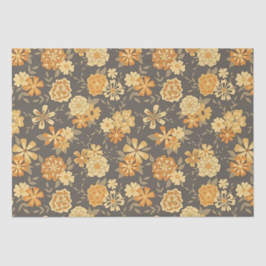 Papier Mousseline Elégant Jaune Orange Fleurs Sur Brown (Recto)