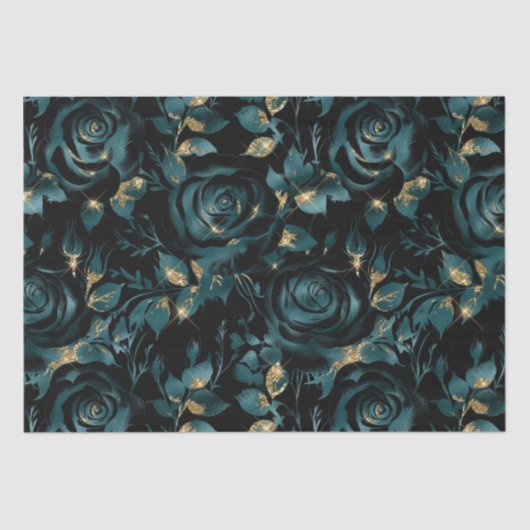 Papier Mousseline Élégant modèle floral Turquoise et Rose or (Recto)