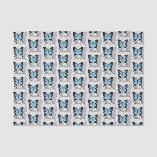 Papier Mousseline Élégant Monogramme d'ombre à papillon bleu (Recto)