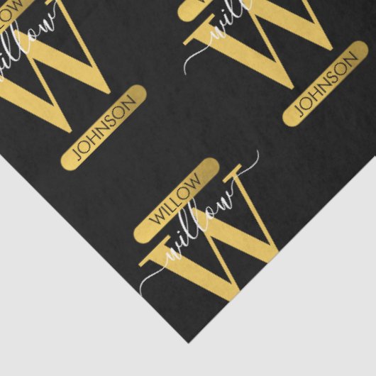 Papier Mousseline Élégant Monogramme noir & or Script moderne (Détail)