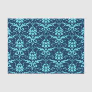 Papier Mousseline Élégant motif damassé vintage bleu foncé turquoise