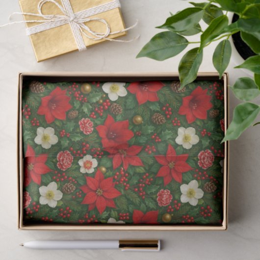 Papier Mousseline Élégant Motif d'art botanique Poinsettia Floral (Cadeau)