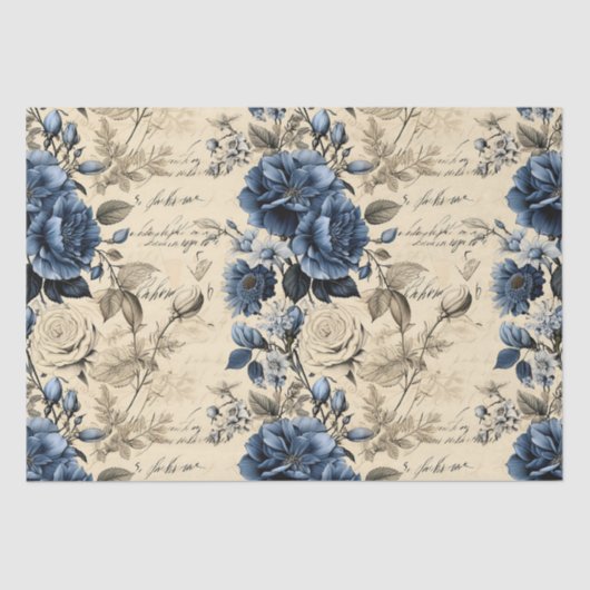 Papier Mousseline Élégant motif floral crème bleue (Recto)