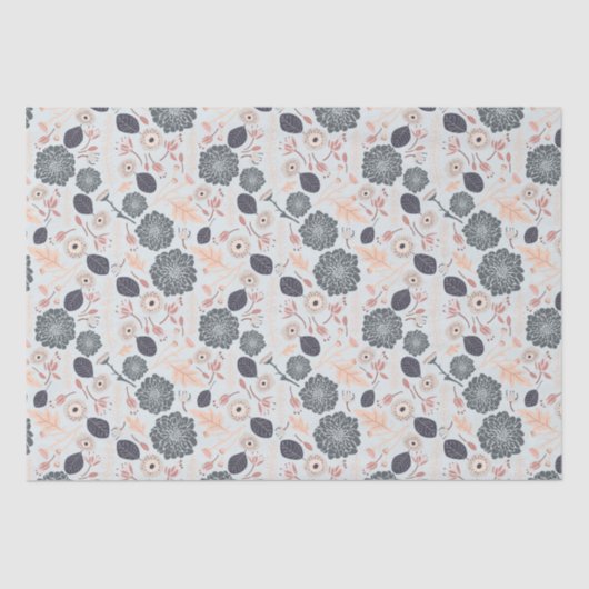 Papier Mousseline Élégant motif floral gris bleu pêche (Recto)
