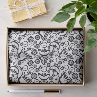 Papier Mousseline Élégant motif floral noir et blanc à volutes vinta
