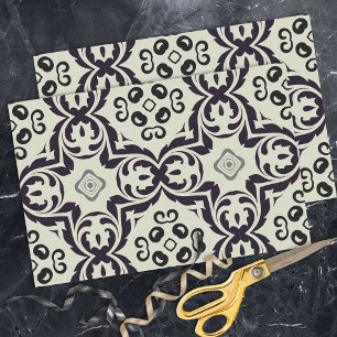 Papier Mousseline Elégant motif Vintage beige et noir Damas