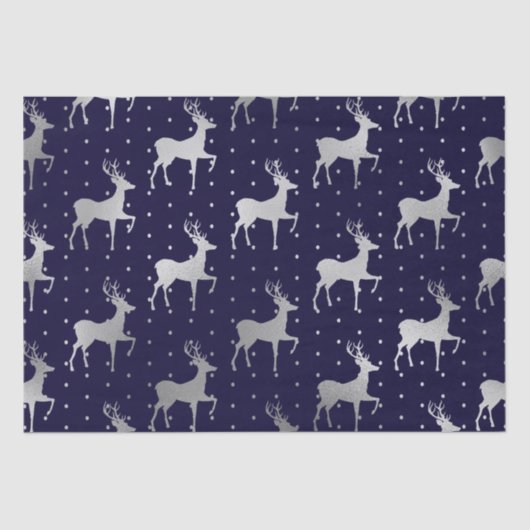 Papier Mousseline Élégant Noël aux rennes Bleu et Argent (Recto)