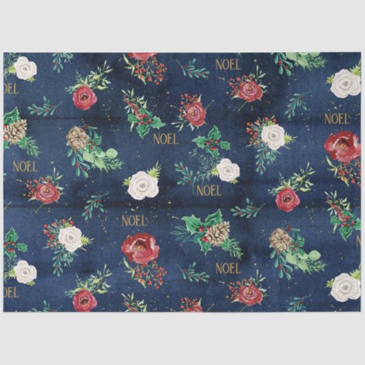 Papier Mousseline Élégant Noël Floral w Noel Gold Navy Bois (Recto)