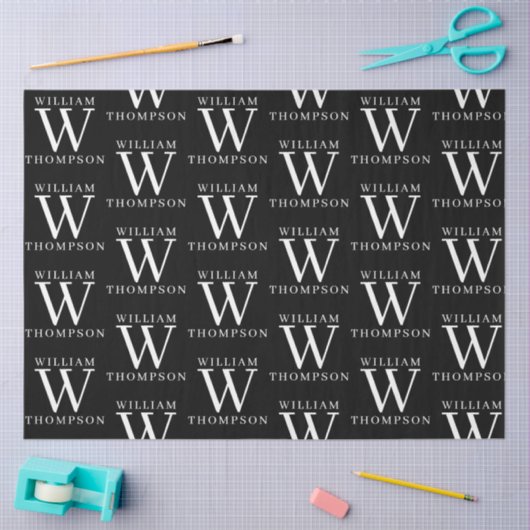 Papier Mousseline Élégant noir et blanc Nom monogramme initial (Artisanat)