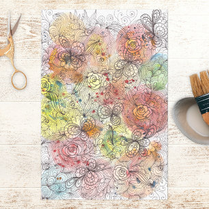 Papier Mousseline Elégant Ombre aquarelle et Doodle floral d'encre