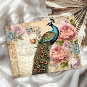 Papier Mousseline Elégant paon vintage et roses rougis