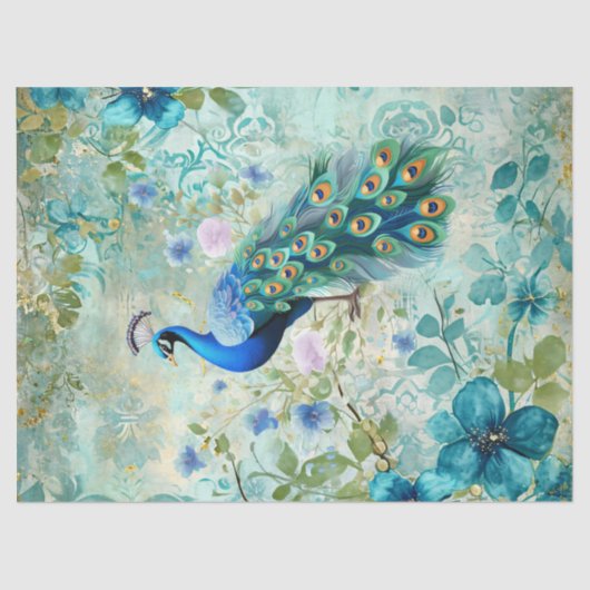 Papier Mousseline Elegant Peacock Distressed Blue Floral (Recto)