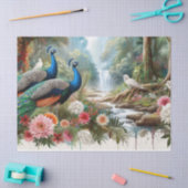 Papier Mousseline Elégant Peacocks en Forêt avec Fleurs (Artisanat)