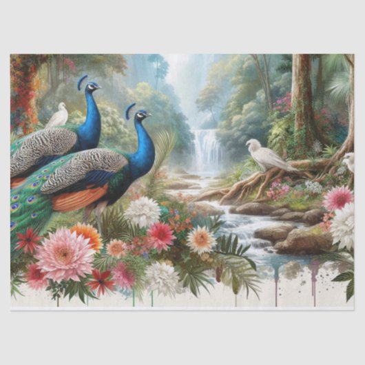 Papier Mousseline Elégant Peacocks en Forêt avec Fleurs (Recto)