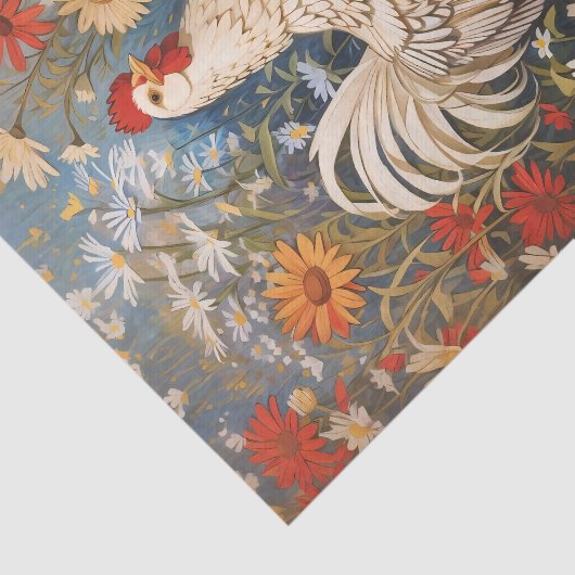 Papier Mousseline Élégant Poulet Et Fleurs Faisées (Détail)