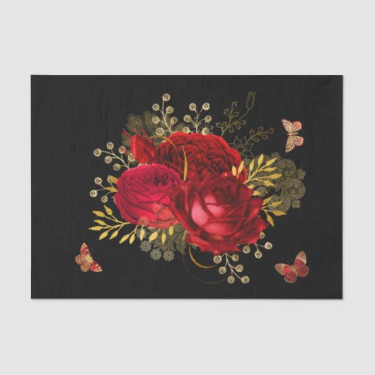 Papier Mousseline Elégant Rouge Roses Butterfly Gold (Recto)