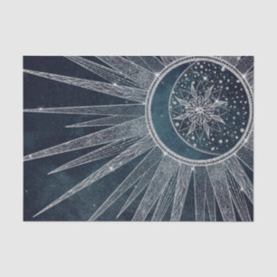 Papier Mousseline Elégant Silver Sun Moon Doodle Mandala Blue Design