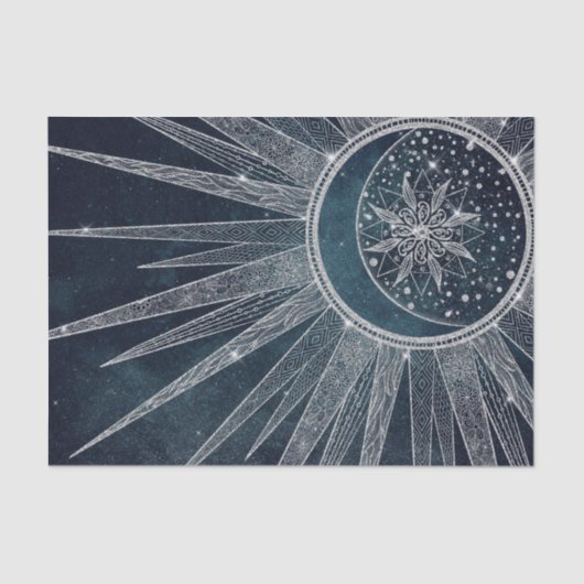 Papier Mousseline Elégant Silver Sun Moon Doodle Mandala Blue Design (Recto)