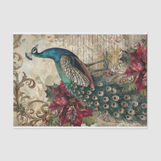 Papier Mousseline Elegant Teal Peacock Christmas Decoupage (Recto)