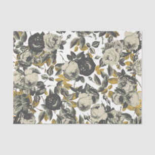 Papier Mousseline Élégant Vintage Black White Gold Roses Floral