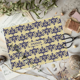 Papier Mousseline Elégant vintage damassé marine bleu jaune monogram