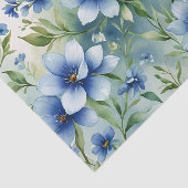 Papier Mousseline Elégante aquarelle bleu Fleurs avec Feuilles verts (Détail)