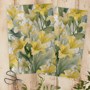 Papier Mousseline Elégante Aquarelle Fleurs Lys Jaunes