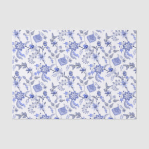 Papier Mousseline Elégante Chintz Floral Bleu Antique sur Blanc