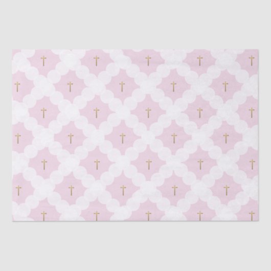 Papier Mousseline Elégante croix d'or rose blanc motif baptême (Recto)