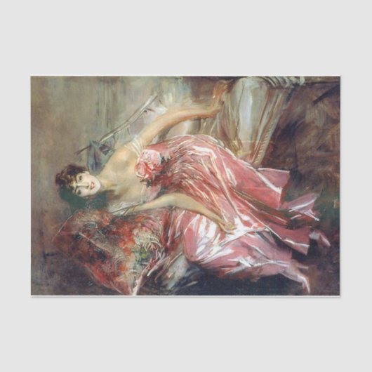 Papier Mousseline Élégante dame en robe rose (par Giovanni Boldini) (Recto)