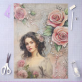 Papier Mousseline Élégante époque victorienne dame rose roses & dent (Artisanat)