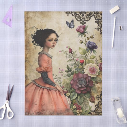 Papier Mousseline Élégante fille victorienne unique dans un jardin f (Artisanat)