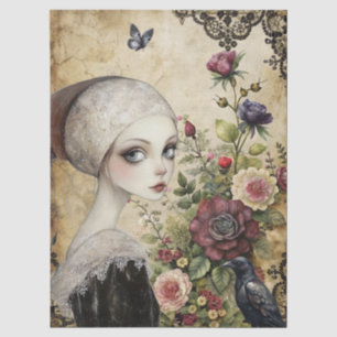 Papier Mousseline Elégante Gothique Girl & Raven Dans Jardin Rose