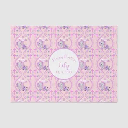 Papier Mousseline Élément de bébé rose éléphant avec colombe et bapt (Recto)