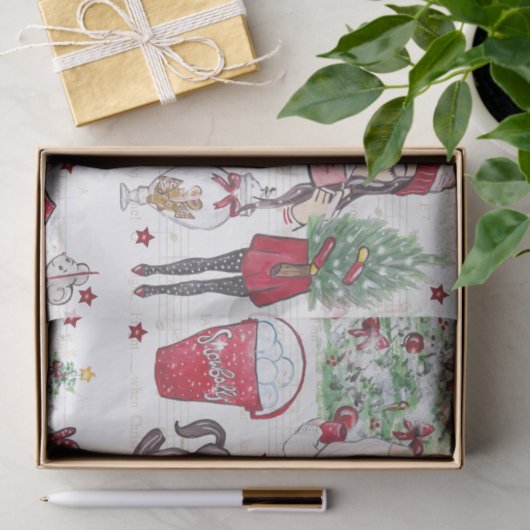 Papier Mousseline Éléments de Noël d'aquarelle (Cadeau)