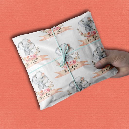 Papier Mousseline Elephant Baby shower Boho Chic Coral Aquarelle