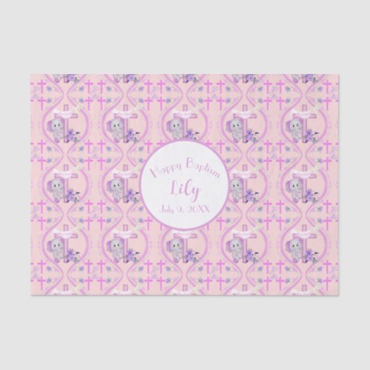 Papier Mousseline Eléphant De Bébé Rose Avec La Colombe Et Le Baptêm (Recto)