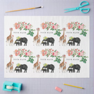 Papier Mousseline Éléphant et girafe mignons - Nom personnalisé flor