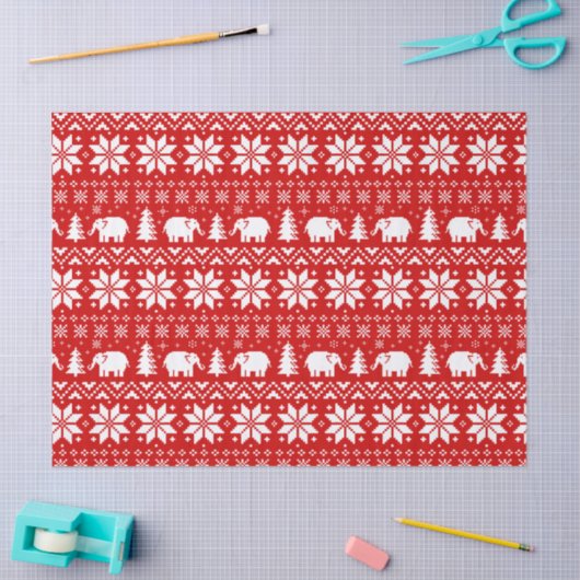 Papier Mousseline Eléphants blancs Noël Motif rouge (Artisanat)
