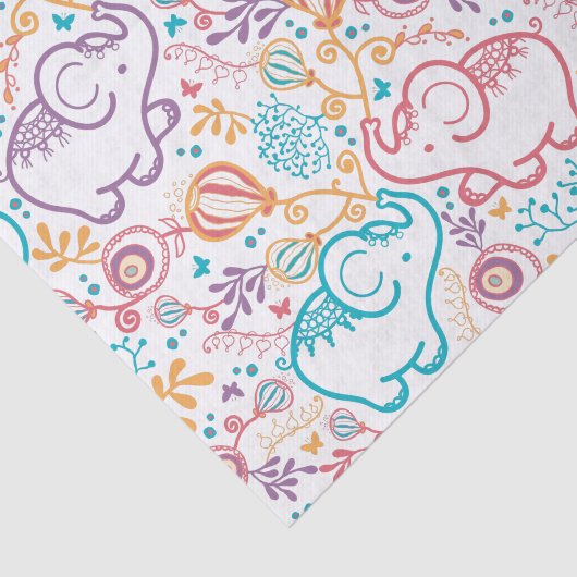 Papier Mousseline Eléphants Et Fleurs Adorables (Détail)