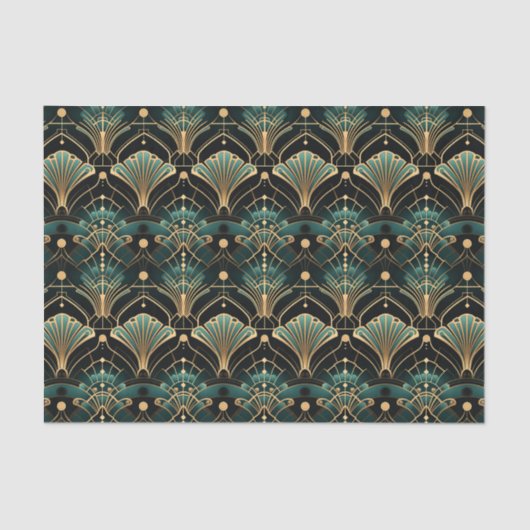 Papier Mousseline Emerald and Gold Art Deco-inspired Fan (Recto)