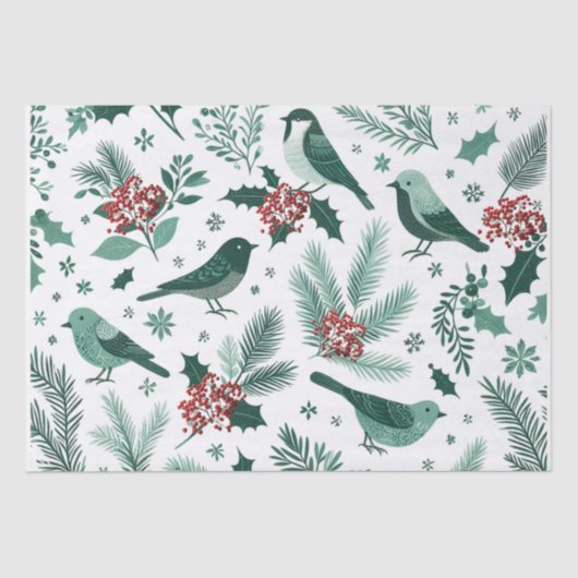 Papier Mousseline Emerald Green Holiday Birds Tissu Paper (Recto)
