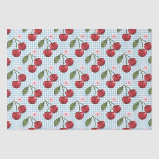 Papier Mousseline En vichy Bleu Rustique Et Cerises (Recto)