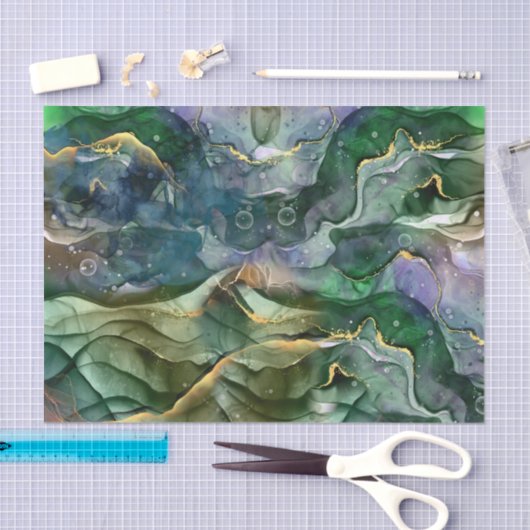 Papier Mousseline encre bleue verte abstraite (Artisanat)
