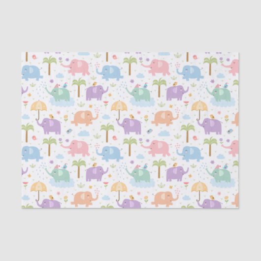 Papier Mousseline Enfants Eléphants Joyeux Pastel Rose Bleu Vert (Recto)
